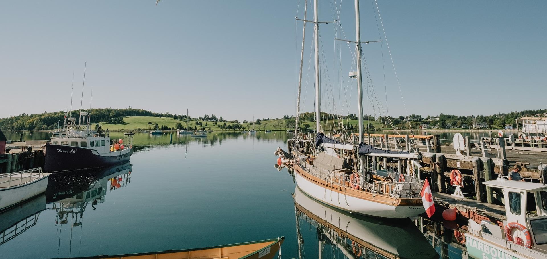 Boats moored in a harbour in Nova Scotia